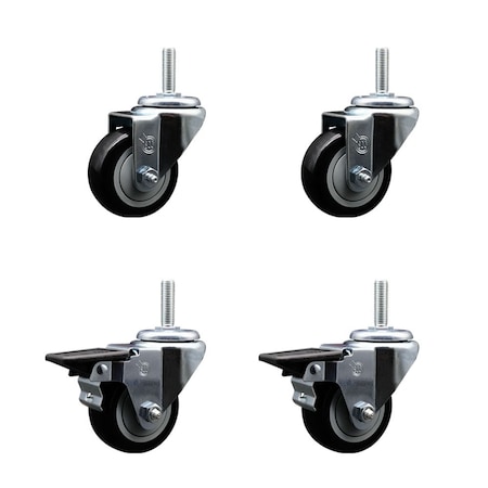 Service Caster 3 Inch Black Polyurethane Wheel Swivel 34 Inch Threaded Stem Caster Set 2 Brakes SCC SCC-TS20S314-PPUB-BLK-34212-2-PLB-2